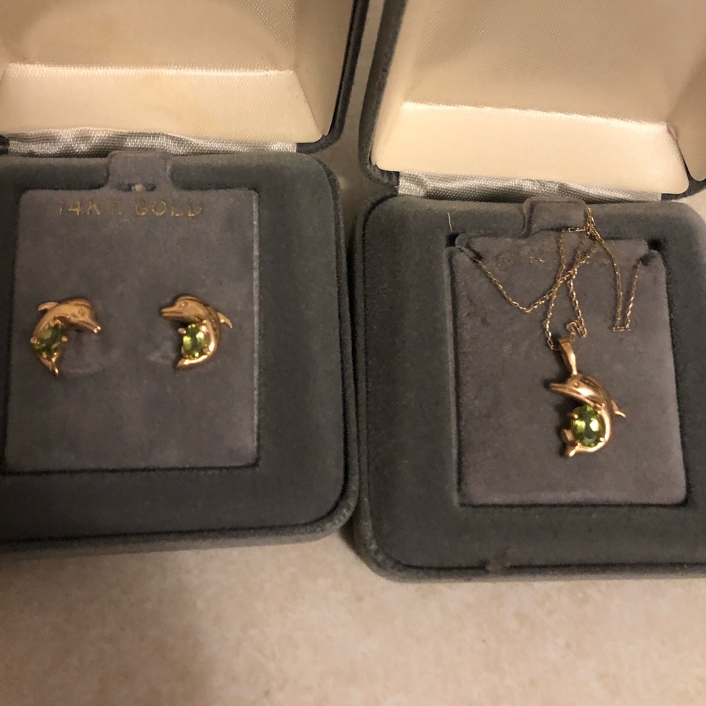 Gold dolphin necklace and earrings